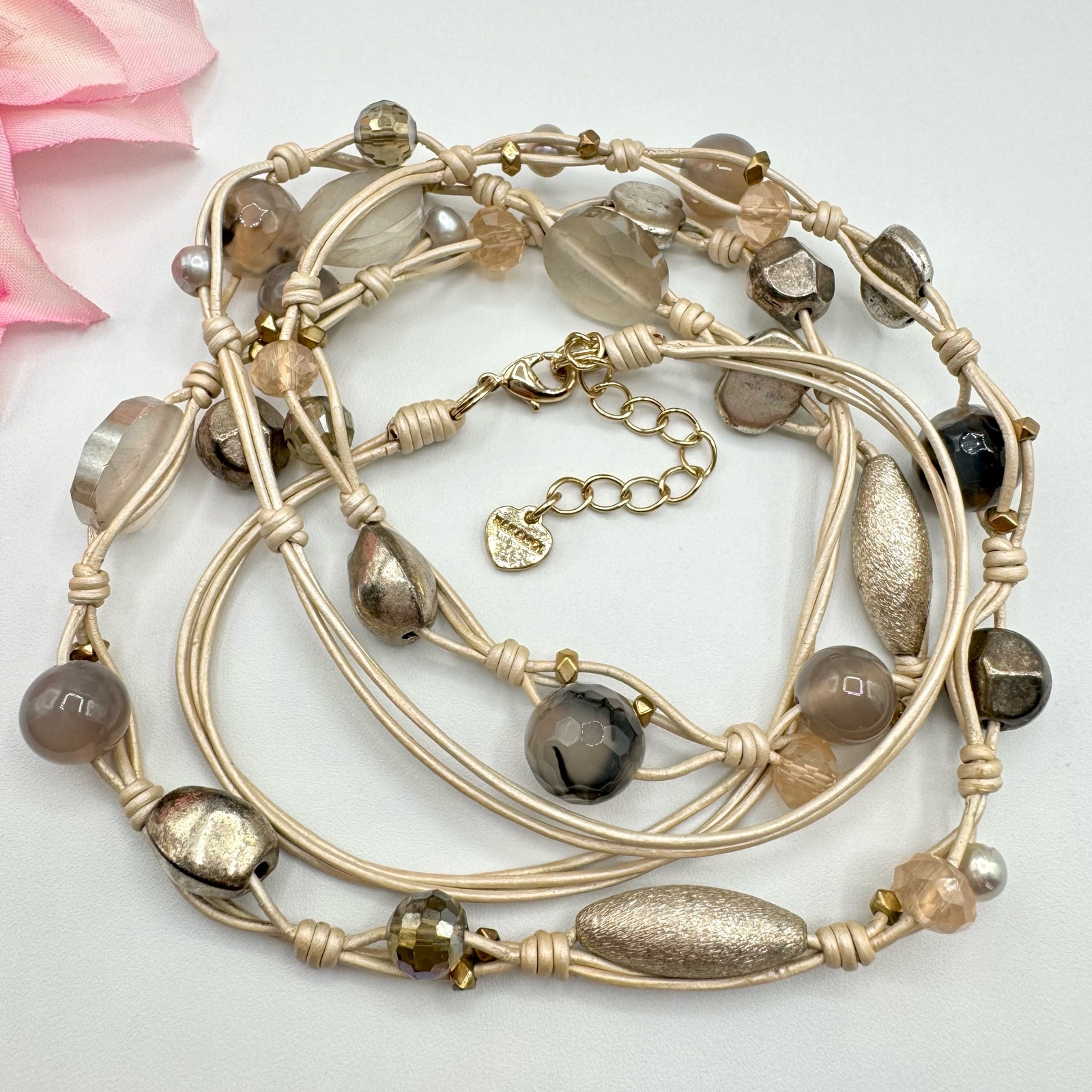 Nakamol Knotted Pearlized Leather Glass Bead Necklace Gray Tones Neutral Boho